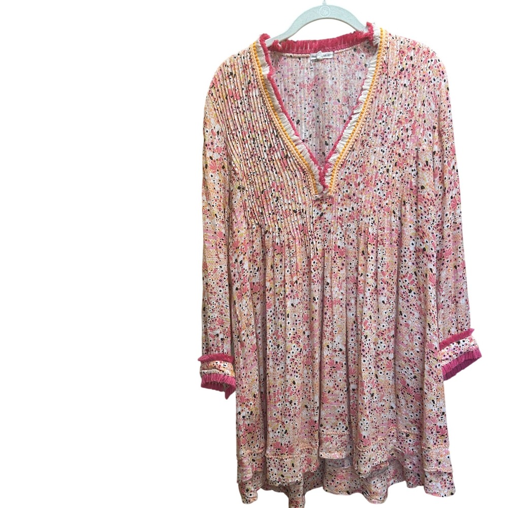 Poupette St Barth Mini Dress M Pink Orange Floral Fringe Pintuck V-Neck Boho - Picture 2 of 8